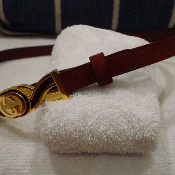 Gucci Burgundy Suede Gold Metal Interlocking G Buckle Skinny Belt (M) VERY GOOD! - Picture 6 of 13